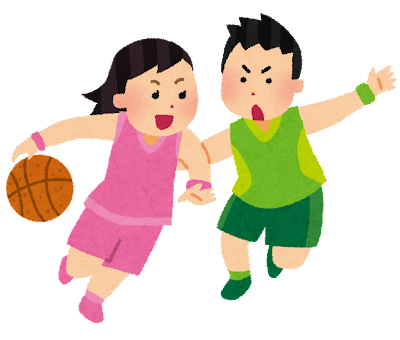 an illustration of a girl and a boy playing basketball